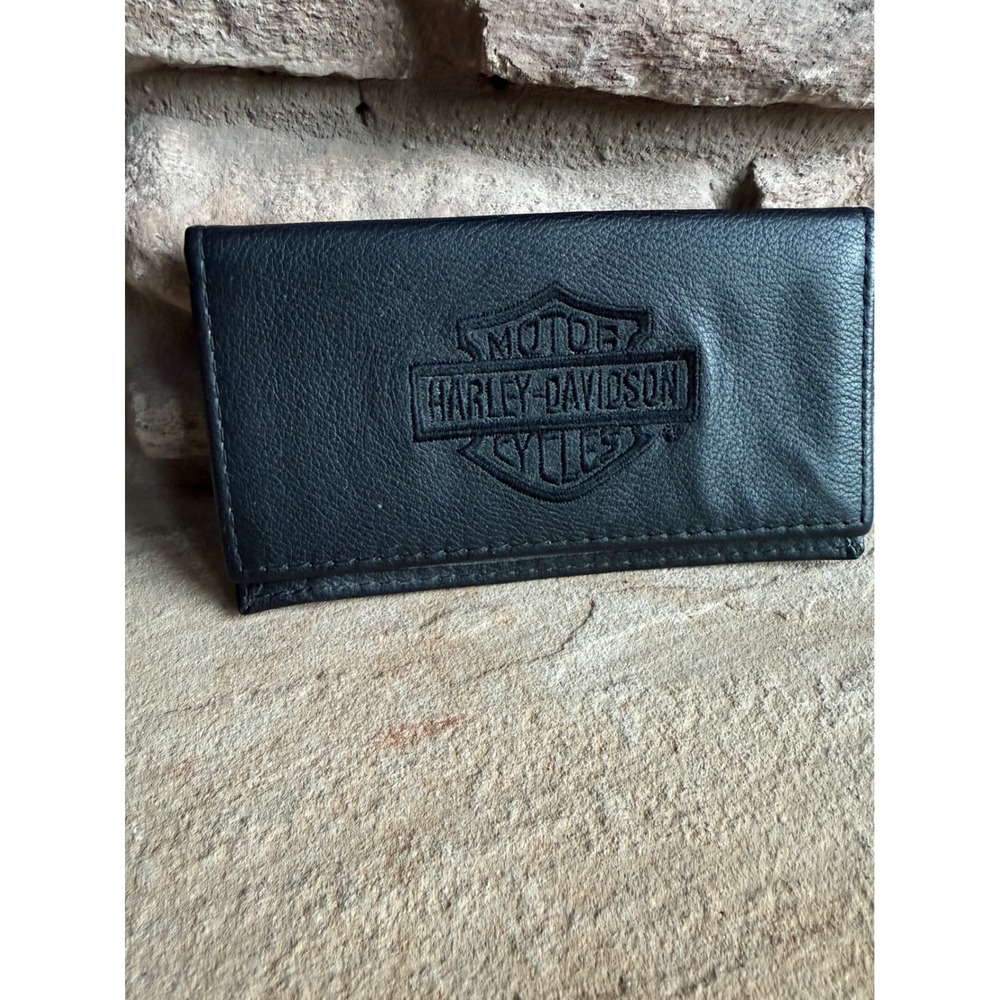Harley-Davidson Unisex Black Pebbled Leather Embroidered Logo Checkbook Wallet